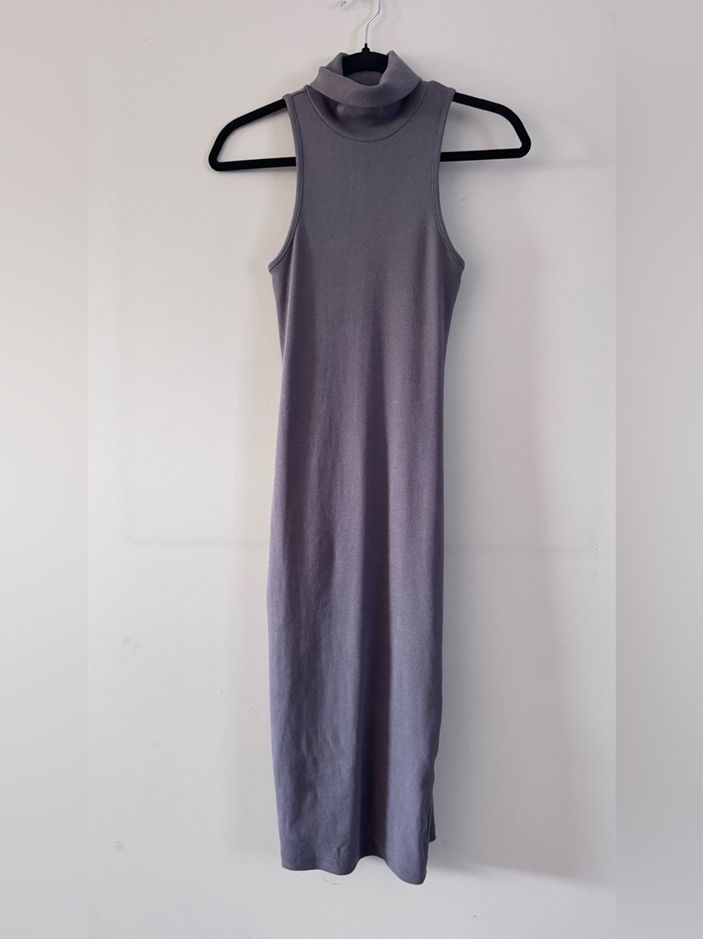 Sleeveless Ribbed Fitted Midi Turtleneck Dress - Gray